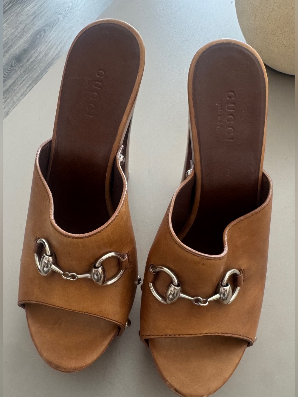 Gucci Tan Leather Platform Clog Heels with Silver Hardware - Picture 3 of 7